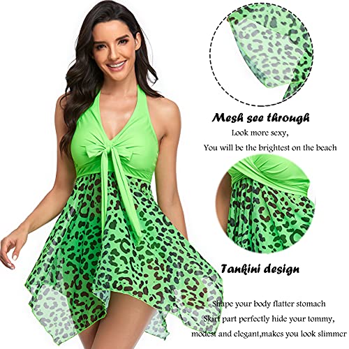 Donpapa Mujer Traje de Baño Tankinis Hálter Falda Push Up Bikini Conjunto de Malla Playa Ropa de Baño de Cintura Alta(Leopardo Verde S)