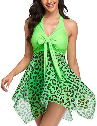Donpapa Mujer Traje de Baño Tankinis Hálter Falda Push Up Bikini Conjunto de Malla Playa Ropa de Baño de Cintura Alta(Leopardo Verde S)