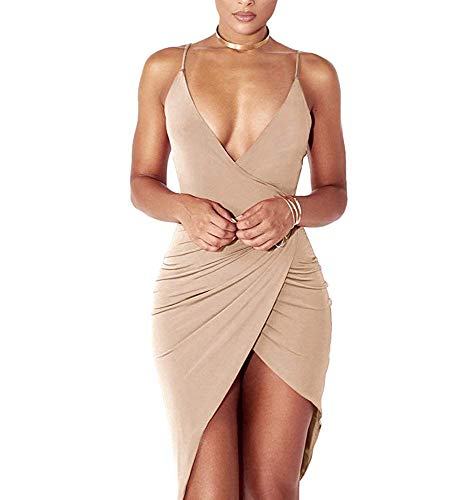 DRESHOW Mujeres Sexy Cuello En V Profundo Sin Mangas Correa De Espagueti Bodycon Wrap Vestido Frente Rajado del Vendaje Midi Club Vestido