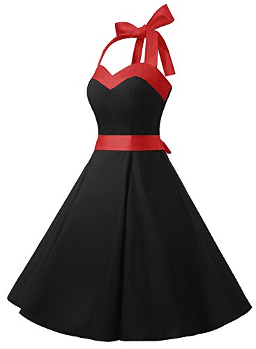 Dresstells® Halter 50s Rockabilly Polka Dots Audrey Dress Retro Cocktail Dress Black XS