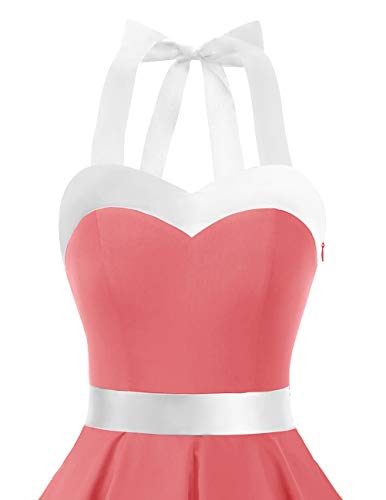 Dresstells® Halter 50s Rockabilly Polka Dots Audrey Dress Retro Cocktail Dress Coral White L