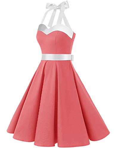 Dresstells® Halter 50s Rockabilly Polka Dots Audrey Dress Retro Cocktail Dress Coral White L