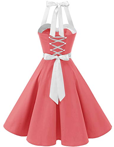 Dresstells® Halter 50s Rockabilly Polka Dots Audrey Dress Retro Cocktail Dress Coral White L