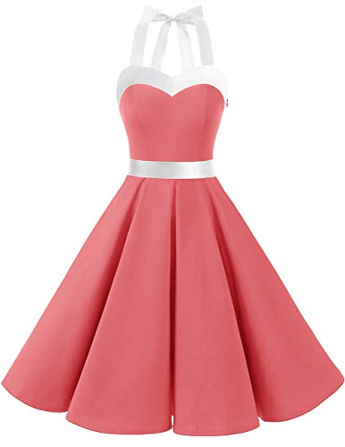 Dresstells® Halter 50s Rockabilly Polka Dots Audrey Dress Retro Cocktail Dress Coral White L