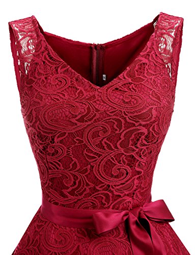 Dressystar Vestido Corto Elegante Mujer De Encaje Sin Mangas con Lazo para Madrina Fietsa Rojo Oscuro M