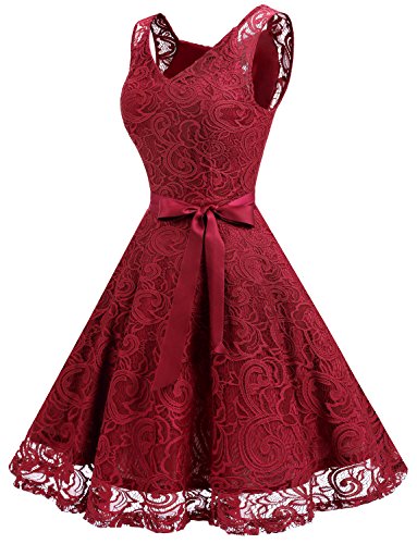 Dressystar Vestido Corto Elegante Mujer De Encaje Sin Mangas con Lazo para Madrina Fietsa Rojo Oscuro M