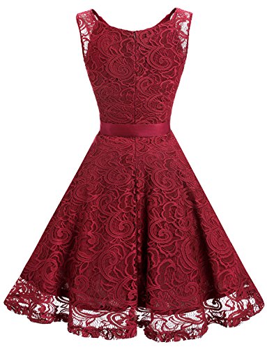 Dressystar Vestido Corto Elegante Mujer De Encaje Sin Mangas con Lazo para Madrina Fietsa Rojo Oscuro M