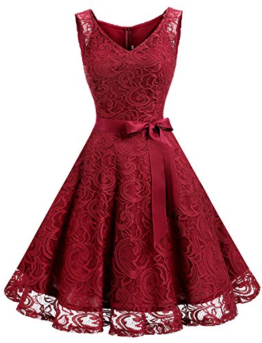 Dressystar Vestido Corto Elegante Mujer De Encaje Sin Mangas con Lazo para Madrina Fietsa Rojo Oscuro M