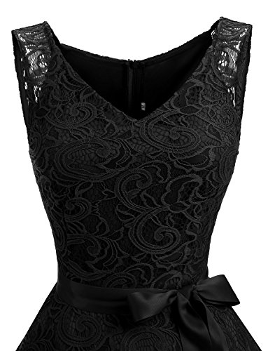 Dressystar Vestido Fiesta Corto Flor Encaje Elegante Mujer Sin Mangas para Dama De Honor Negro XXL