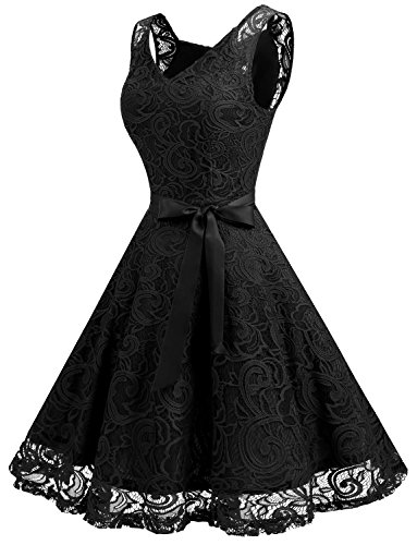 Dressystar Vestido Fiesta Corto Flor Encaje Elegante Mujer Sin Mangas para Dama De Honor Negro XXL