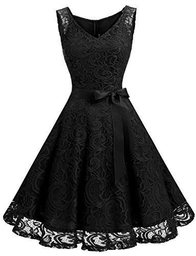 Dressystar Vestido Fiesta Corto Flor Encaje Elegante Mujer Sin Mangas para Dama De Honor Negro XXL