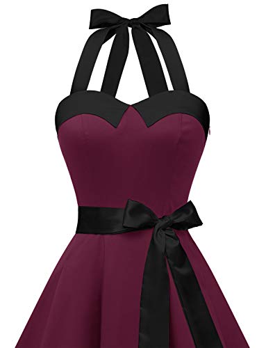 Dressystar Vestidos Corto Cuello Halter Estampado Flores y Lunares Vintage Retro Fiesta 50s 60s Rockabilly Mujer Borgoña Solido L