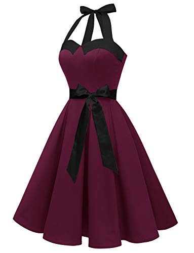 Dressystar Vestidos Corto Cuello Halter Estampado Flores y Lunares Vintage Retro Fiesta 50s 60s Rockabilly Mujer Borgoña Solido L