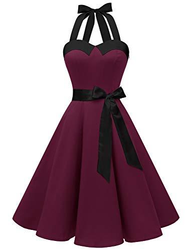 Dressystar Vestidos Corto Cuello Halter Estampado Flores y Lunares Vintage Retro Fiesta 50s 60s Rockabilly Mujer Borgoña Solido L