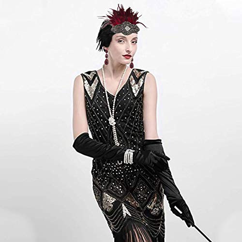 Dsaren Complementos Fiesta Disfraces 1920s Accesorios Charlestón Vestido Diadema Plumas Negras Guantes Vintage Mujer para Halloween Boda Fiesta