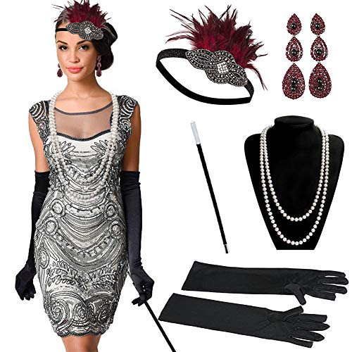 Dsaren Complementos Fiesta Disfraces 1920s Accesorios Charlestón Vestido Diadema Plumas Negras Guantes Vintage Mujer para Halloween Boda Fiesta