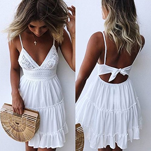 ECOWISH - Vestido con escote en V, para mujer, de encaje, con tirantes, sin espalda, para verano y playa, color blanco Blanco S