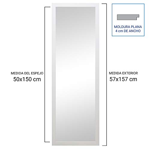 Espejo de Pared en Madera, Fabricado en España | Varios Tamaños y Colores | Ideal para Salón, Recibidor, Vestidor, Dormitorio y Baño. (397 Blanco, 57x157 cm)