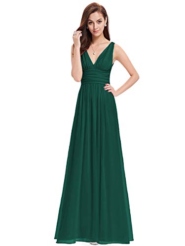 Ever-Pretty A-línea Largo Vestido de Fiesta Corte Imperio Cuello en V sin Mangas para Mujer Verde Oscuro 36