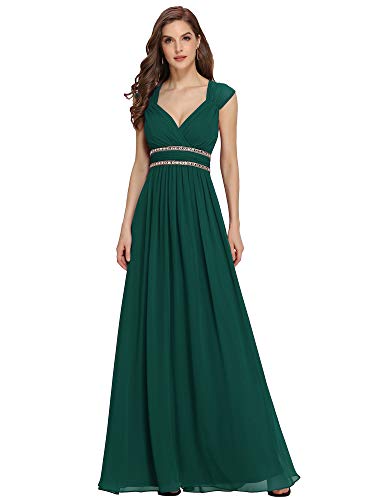 Ever-Pretty A-línea Vestido de Fiesta Gasa Cuello en V sin Mangas Largo para Mujer Verde Oscuro 36