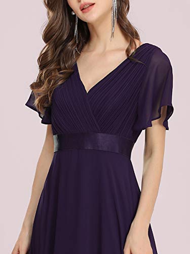 Ever-Pretty A-línea Vestido de Noche Cuello en V Manga Corta Gasa Corte Imperio para Mujer Morado Oscuro 50
