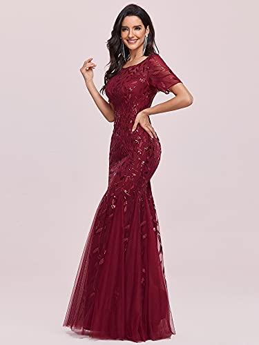 Ever-Pretty Sirena a Fiori Vestido de Noche Lentejuela Tul Vestido de Fiesta Manga Corta Largo Borgoña 38