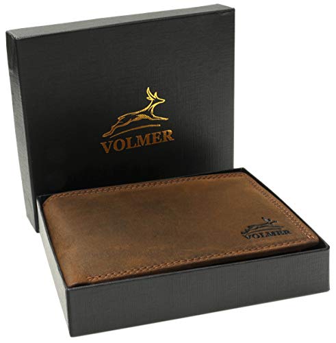 Fa.Volmer® Billetera de Cuero para Hombre marrón/Negro con protección RFID Billetera de Cuero Real Billetera usada Look # VO19 (marrón)