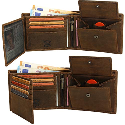 Fa.Volmer® Billetera de Cuero para Hombre marrón/Negro con protección RFID Billetera de Cuero Real Billetera usada Look # VO19 (marrón)