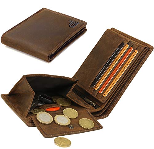 Fa.Volmer® Billetera de Cuero para Hombre marrón/Negro con protección RFID Billetera de Cuero Real Billetera usada Look # VO19 (marrón)