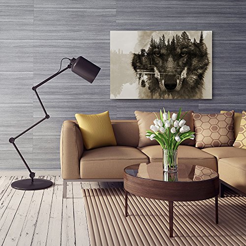 Feeby Frames, Cuadro en lienzo, Cuadro impresión, Cuadro decoración, Canvas de una pieza, 80x120 cm, ANIMALES, LOBO, NATURALEZA, BOSQUE, ÁRBOLES, OJOS, GRIS
