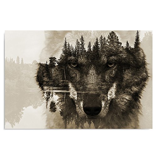 Feeby Frames, Cuadro en lienzo, Cuadro impresión, Cuadro decoración, Canvas de una pieza, 80x120 cm, ANIMALES, LOBO, NATURALEZA, BOSQUE, ÁRBOLES, OJOS, GRIS