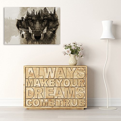Feeby Frames, Cuadro en lienzo, Cuadro impresión, Cuadro decoración, Canvas de una pieza, 80x120 cm, ANIMALES, LOBO, NATURALEZA, BOSQUE, ÁRBOLES, OJOS, GRIS
