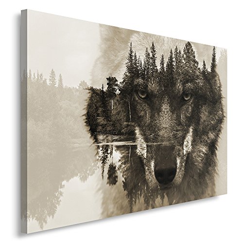 Feeby Frames, Cuadro en lienzo, Cuadro impresión, Cuadro decoración, Canvas de una pieza, 80x120 cm, ANIMALES, LOBO, NATURALEZA, BOSQUE, ÁRBOLES, OJOS, GRIS