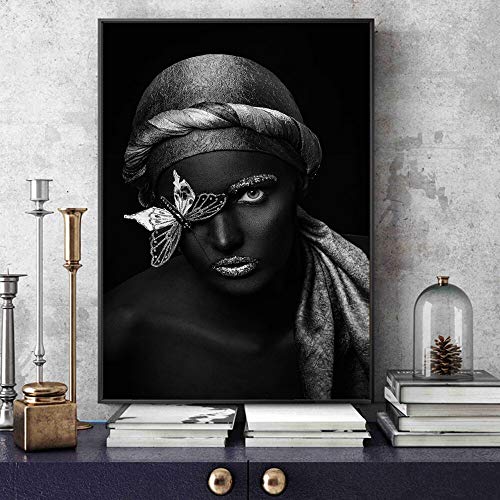 Fengdp Pintura Impresa en Lienzo Imágenes Impresas Sexy Mujer Africana Chica con Mariposa Cartel Modular Decoración del hogar Arte de la Pared para Sala de Estar 50x70 cm