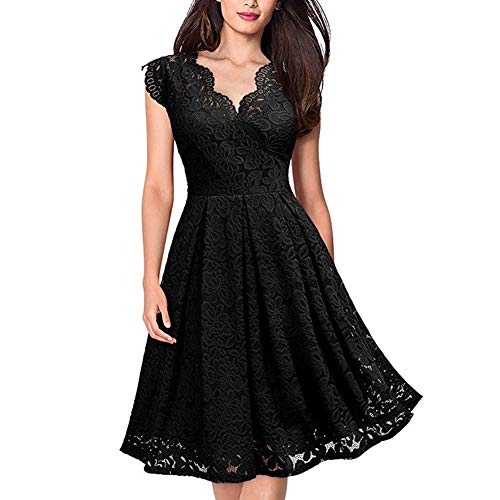 FEOYA Vestido corto de cóctel para mujer, elegante, para bodas, verano, hasta la rodilla, 5 colores, tallas 38-50 Negro 48/50 EU/etiqueta 3XL