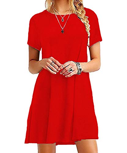 FightLY Casual Boho - Vestido de playa para mujer, cuello redondo, manga corta, suelto, mini vestido -  Rojo -  XX-Large
