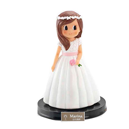 Figura para tarta de comunión para niña con plaquita PERSONALIZADA con nombre y fecha