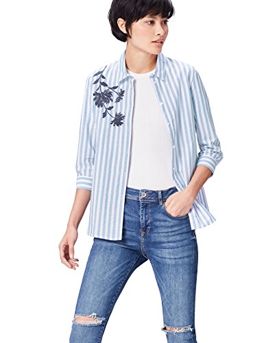 find. Camisa de Rayas con Bordado para Mujer , Azul (Blue/White), 38 (Talla del Fabricante: Small)