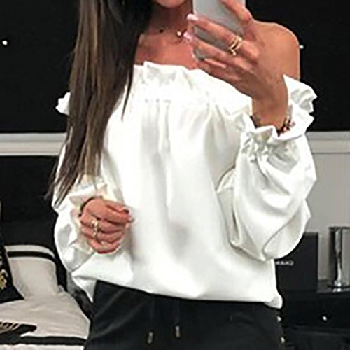 Fuera del Hombro Camiseta, Blusa de Manga Larga Floja de la Blusa de la Manga Larga de Las Mujeres Marrones del Hombro(XL,Blanco)