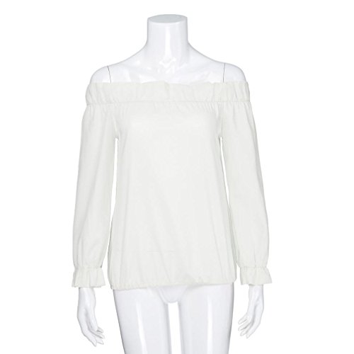 Fuera del Hombro Camiseta, Blusa de Manga Larga Floja de la Blusa de la Manga Larga de Las Mujeres Marrones del Hombro(XL,Blanco)