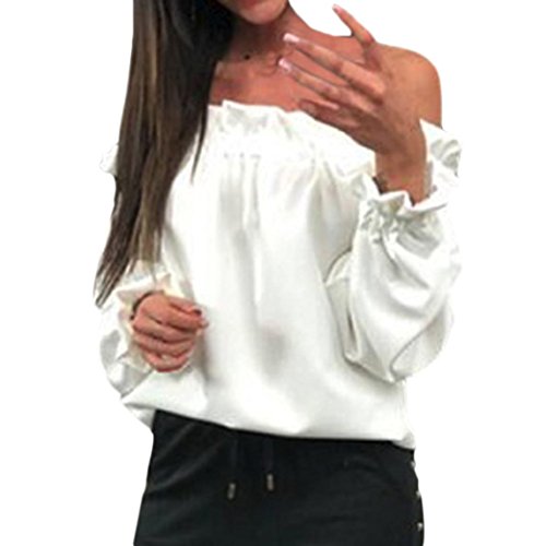 Fuera del Hombro Camiseta, Blusa de Manga Larga Floja de la Blusa de la Manga Larga de Las Mujeres Marrones del Hombro(XL,Blanco)