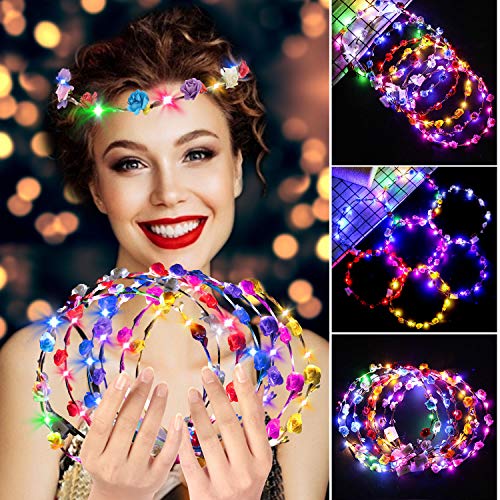 FunPa Corona Flores Led, 7 unids Garland Diademas Luminosas 10 LEDs Bohemia Diadema Flores LED Headwear Floral Corona Tiara Decoración de La Boda Coronas de Flores para Niñas Mujeres