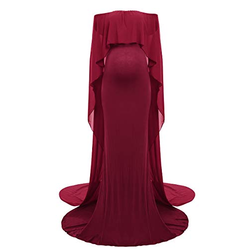 FYMNSI Vestido de maternidad para embarazadas, elegante, con hombros descubiertos, de gasa para mujer, para boda, para sesiones de fotos, ropa premamá borgoña L