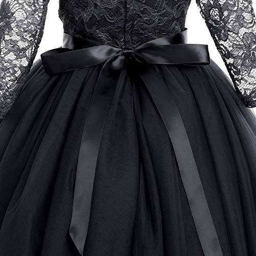 FYMNSI Vestido largo de noche para niñas de 2 a 14 años, para bodas, damas de honor, de fiesta, tul princesa, encaje, manga 3/4, vestido de cóctel, primera comunión, baile Negro 7-8 Años