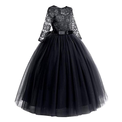 FYMNSI Vestido largo de noche para niñas de 2 a 14 años, para bodas, damas de honor, de fiesta, tul princesa, encaje, manga 3/4, vestido de cóctel, primera comunión, baile Negro 7-8 Años