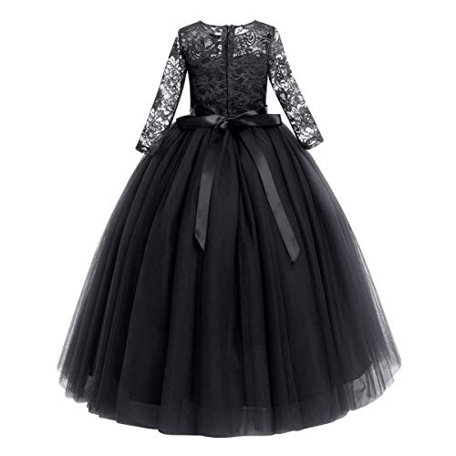 FYMNSI Vestido largo de noche para niñas de 2 a 14 años, para bodas, damas de honor, de fiesta, tul princesa, encaje, manga 3/4, vestido de cóctel, primera comunión, baile Negro 7-8 Años