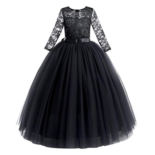 FYMNSI Vestido largo de noche para niñas de 2 a 14 años, para bodas, damas de honor, de fiesta, tul princesa, encaje, manga 3/4, vestido de cóctel, primera comunión, baile Negro 7-8 Años