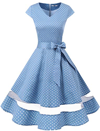 Gardenwed Vintage Vestidos Coctel Corto 50s Vestido de la Fiesta para Mujer Blue Small White Dot S