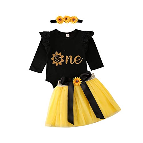 Geagodelia - Vestido de tutú de tul para bebé, manga corta, diseño navideño Noir + Jaune 0-3 meses