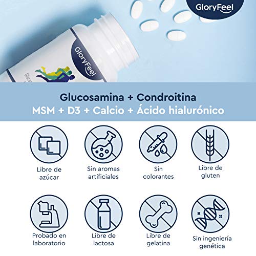 Glucosamina 1.600mg con Condroitina, MSM, Ácido hialurónico, Vitamina D3 y Calcio - Alta dosificación - Apoyo articulaciones y cartílago - 120 Comprimidos